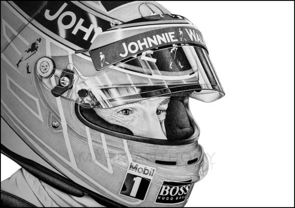 Jenson Button Papa Smurf McLaren Helmet Portrait Art Print by UK Artist Mark Anthony